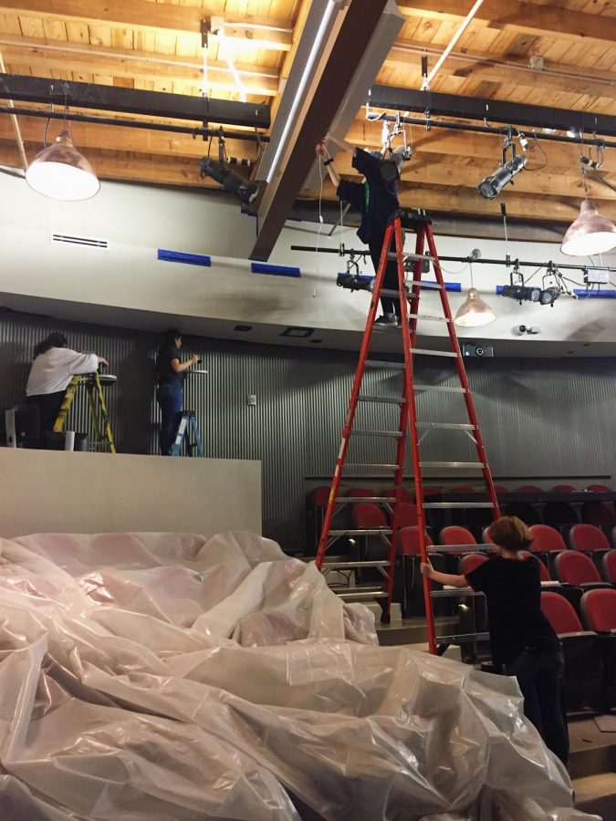 The scenic and lighting department of Carnegie Theatre Co. 
preparing the space to open The Flick by Annie Baker.