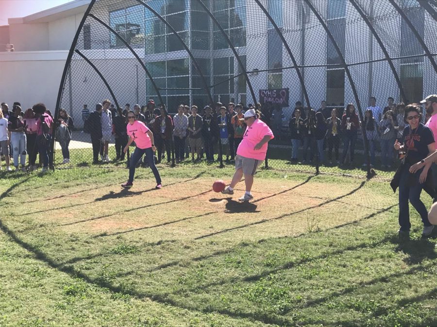 Ms. Schmidt striking out, ending the 2nd inning of Carnegie’s first Breast Cancer Kickball Game