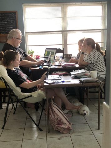 My family working on online assignments in close quarters from home.