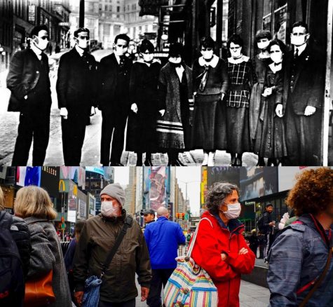 (top)Seattle drugstore employees gather downtown amid 1918's influenza pandemic
(bottom)Pedestrians crossing the streets of downtown New York City mid- COVID-19 pandemic, 2020