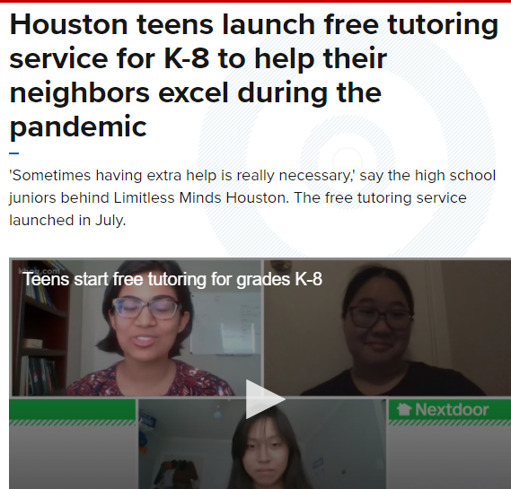 CVHS juniors Monica Balakrishnan and Madeline Hsu appear on KHOU News to share information on Limitless Minds, a non-profit chapter they started back in April to help tutor students virtually. 