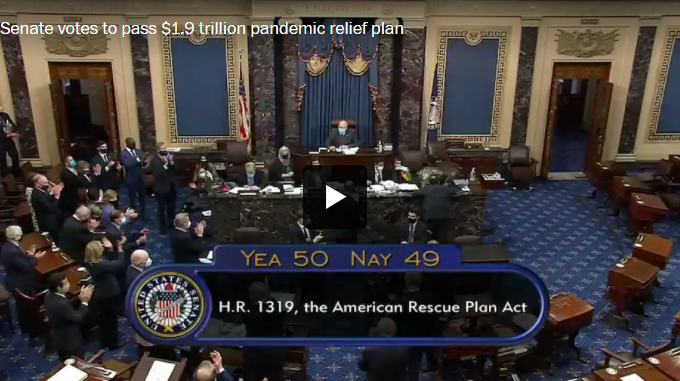 On March 6 the Senate voted 50 to 49 to pass the American Rescue Plan. 