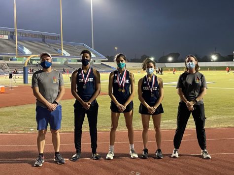 Track coaches Joshua Garcia and Jamie Ford stand alongside CVHS regional contenders: Donovan Snell, Viana Rodrigues, and Gabriela Rodriguez. 