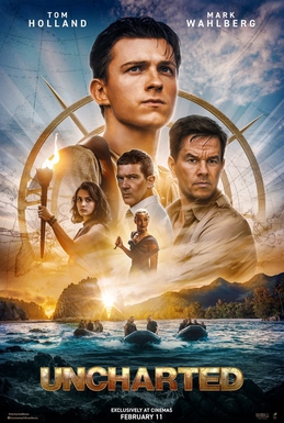 The official movie poster for Uncharted, starring Tom Holland and Mark Wahlberg