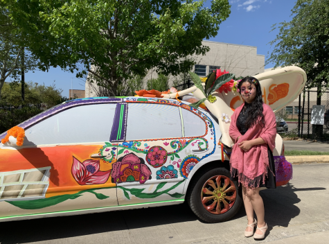 Senior Nancy Teran Aguilar was Carnegies art car model that walked along the car during the parade. Photo courtesy from Ms. Ford.
