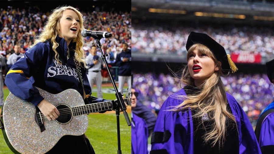 Taylor Swift sang the national anthem at the Yankee Stadium in 2008 and recently received an honorary doctorate from NYU at the same stadium. Photo courtesy of Getty Images and Stephen Yang.