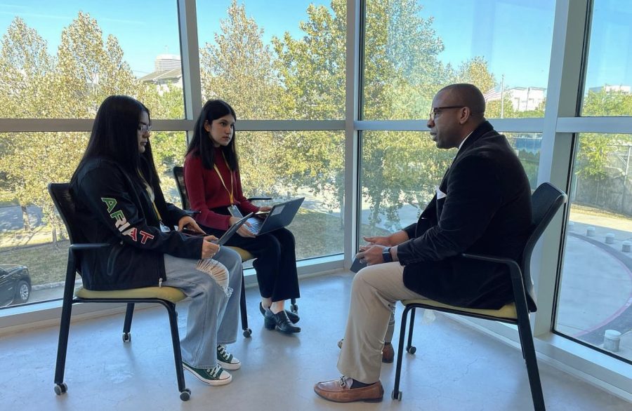 Adrianna Flores and Anjali Martinez interviewing Millard House II