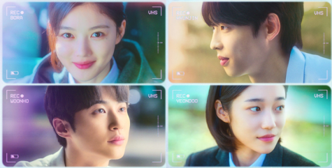 The principal cast of 20th Century Girl. Clockwise from top to bottom: Kim Yoo-jung, Park Jung-woo, Roh Yoon-seo, and Byeon Woo-seok.