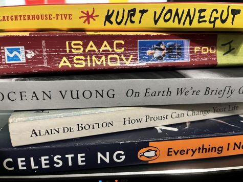 A few books Robert Houghton and Erica Harris gave me to read on my own time, for class, or for this review. Slaughterhouse five, Foundation, On Earth Were Briefly Beautiful, How Proust Can Change Your Life, and Everything I Never Told You.