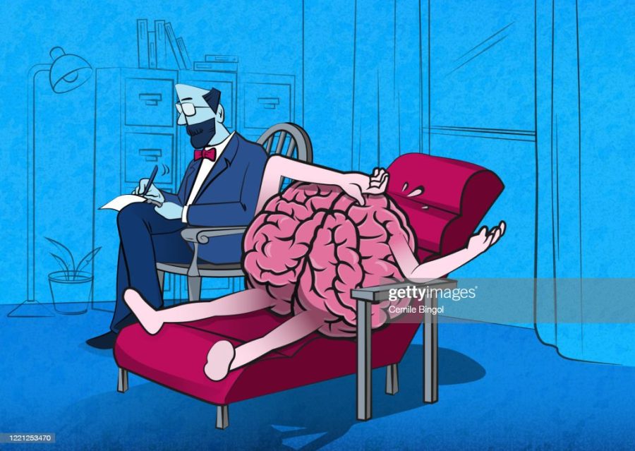 A psychologist listening to a tired brain lying on the couch.