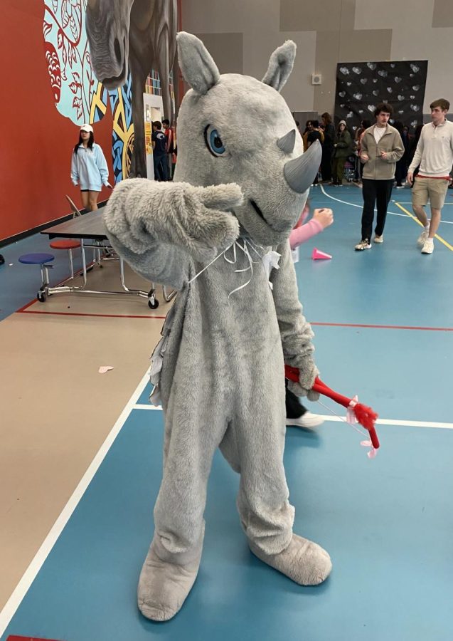 CVHSs mascot, The Rhino, at the 2023 Valentine Pep Rally.