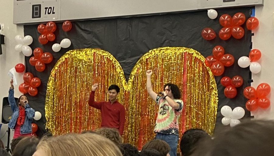 Picture of the three speakers who hosted the 2023 Valentine Pep Rally, which included multiple games and performances