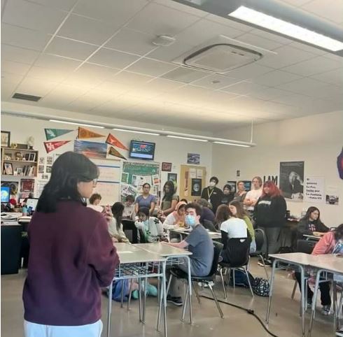 Photo of CVHS Community Voices for Public Education (CVPE) interest meeting on February 7th, led by trust members sophomore Layla Chowdhury, sophomore Eliut Delgado, junior Bela Jotwani, junior Caoilin Krathaus and sophomore Hira Malik.