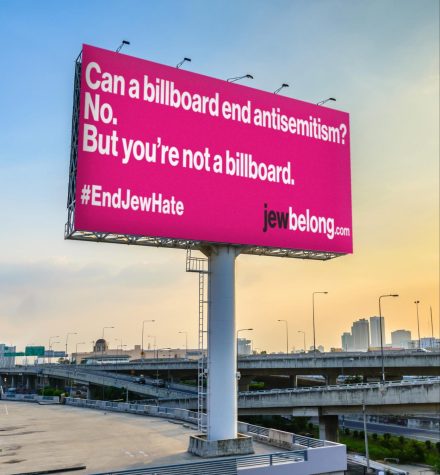 Billboard over highway in Houston, part of a campaign to stop antisemitism.