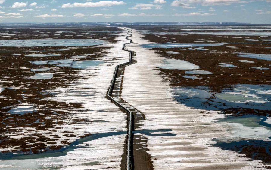 Oil pipeline that is in the process of being stretched across the landscape outside Prudhoe Bay in North Slope Borough, Alaska.