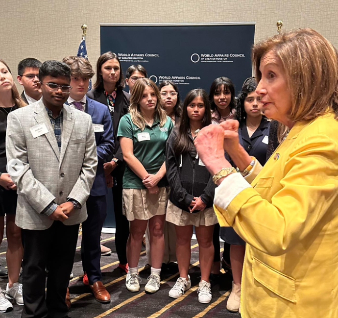 Members of CVHS World Affairs Club at a World Affairs Council of Greater Houston meeting with Nancy Pelosi