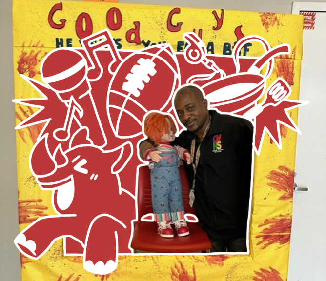 Horn posing with a Chucky doll outside the Carnegie’s 2023 Halloween pep rally (doodles by Kaylee Yang)