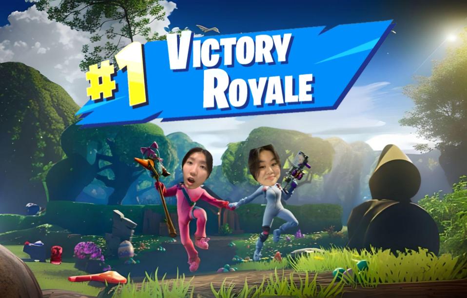 Cindy+and+Natalias+faces+edited+onto+a+Fortnite+themed+background.