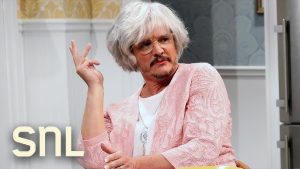 A photo capturing actor Pedro Pascal in character as the "Protective Mom" in SNL's Protective Mom 2 skit.