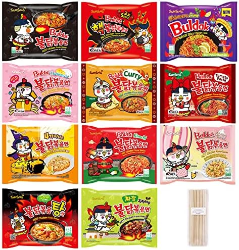 11 of the over 18 flavors of Buldak Ramen. Most notable include Carbonara (pink, left) and 2x spicy (red, top) (source: Amazon)