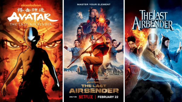 Avatar: The Last Airbender posters from the original series (Nickelodeon, left), the new live-action series (Netflix, middle), and the live-action movie (Paramount, right)