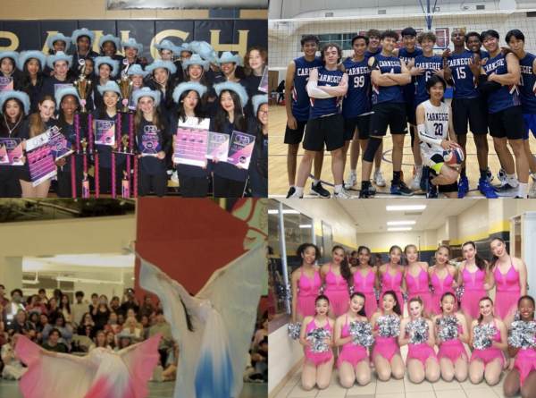 Carnegie Dance Team at state (top left), Boys Volleyball Team (top right), Interact performers at IFest (bottom left), and Carnegie Dance Team pom (bottom right)
