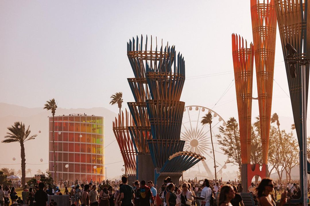 Landscape of Coachella 2024 featuring the Spectra (left, by New Substance) and A House in Six parts (right, by Leslie Lok & Sasa Zivkovic) - posted on Instagram