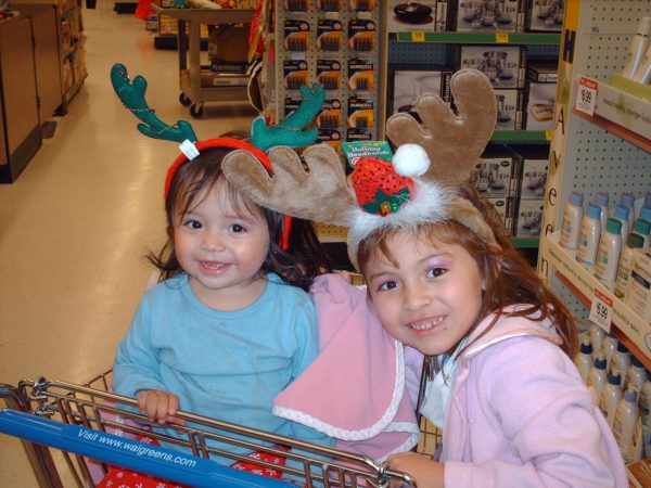 Ruby (right) and I (left) together in a Walgreens basket, feeling the holiday spirit.