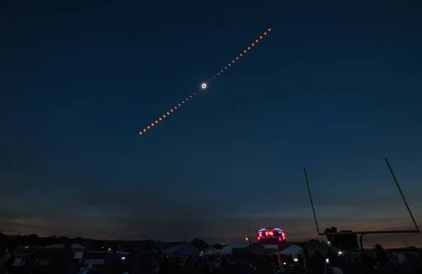 A composite image showing the progression of a total solar eclipse over Madras, Oregon, on Aug. 21, 2017.
