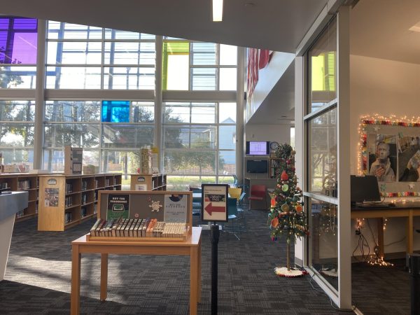 The CVHS library from the front entrance and decorated for the holidays.