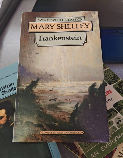 Copies of "Frankenstein" by Mary Shelley are laid in a pile. Shelley's novel is one of the required readings for CVHS' AP English Literature class.