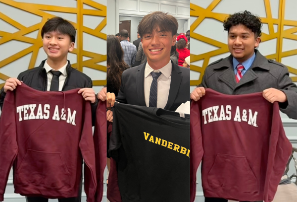 The three posse scholars celebrating their acceptances at the Posse Scholarship Ceremony. Pictured from left to right: John Nguyen, Julian Nguyen and Nicholas Cordova.