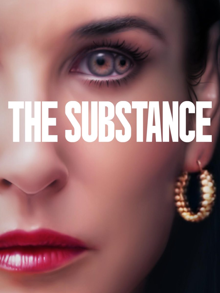 A poster of "The Substance" portraying Sparkle with both her iris and the iris of Sue. (MUBI)