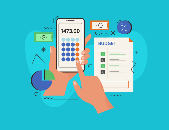 Budget calculation and planning. Calculator operational. Graphics and symbols