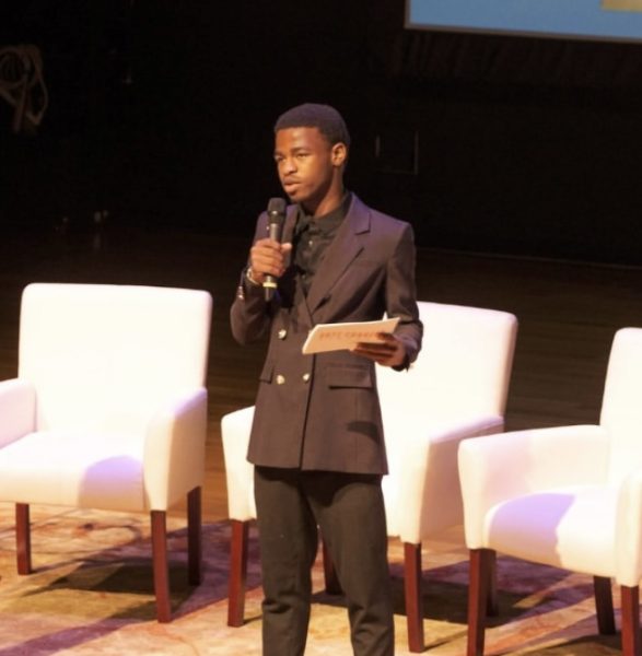 Honour Eduok speaks about his piece, Floor One, and journey as an artist at the State of the Arts in Education Symposium. (Photo credit: CVHS Instagram)