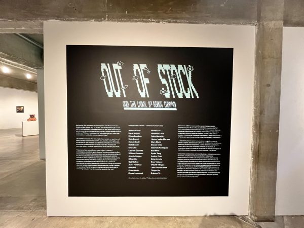 The wall at the Houston Contemporary Arts Museum showing a short Out of Stock introduction. 