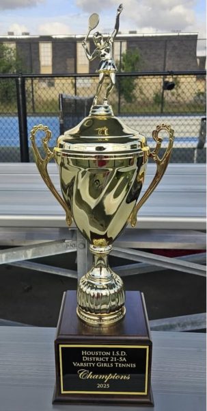 A picture taken of the trophy the Varsity Girls Tennis team earned at the Houston I.S.D. District 21-5A.
