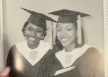 Scott in her high school yearbook wearing her graduation cap and gown.